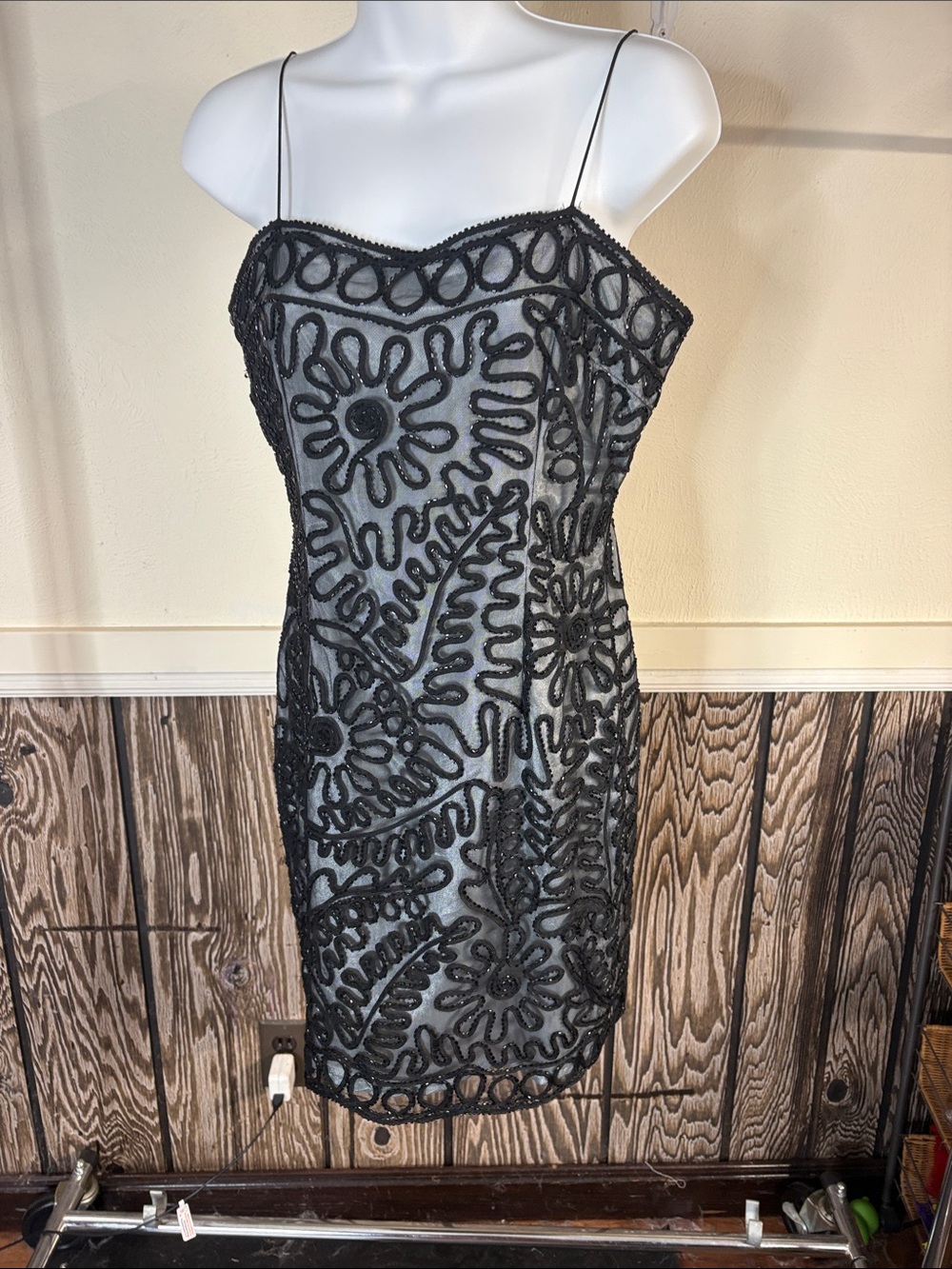 Adrianna Papell Black Beaded Sheer Slip Dress